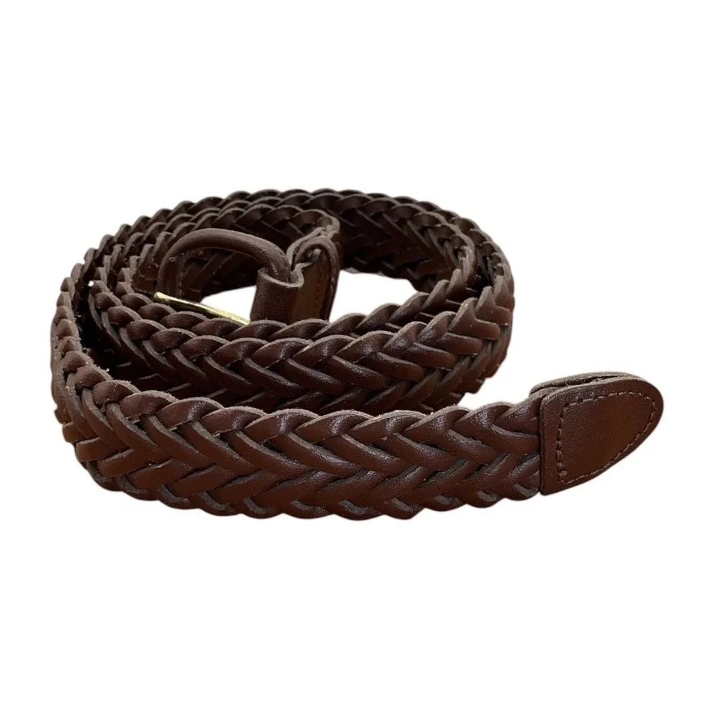 Womens Brown Braided Genuine Leather Belt Gold Buckle‎ Size 38 Woven Adjustable